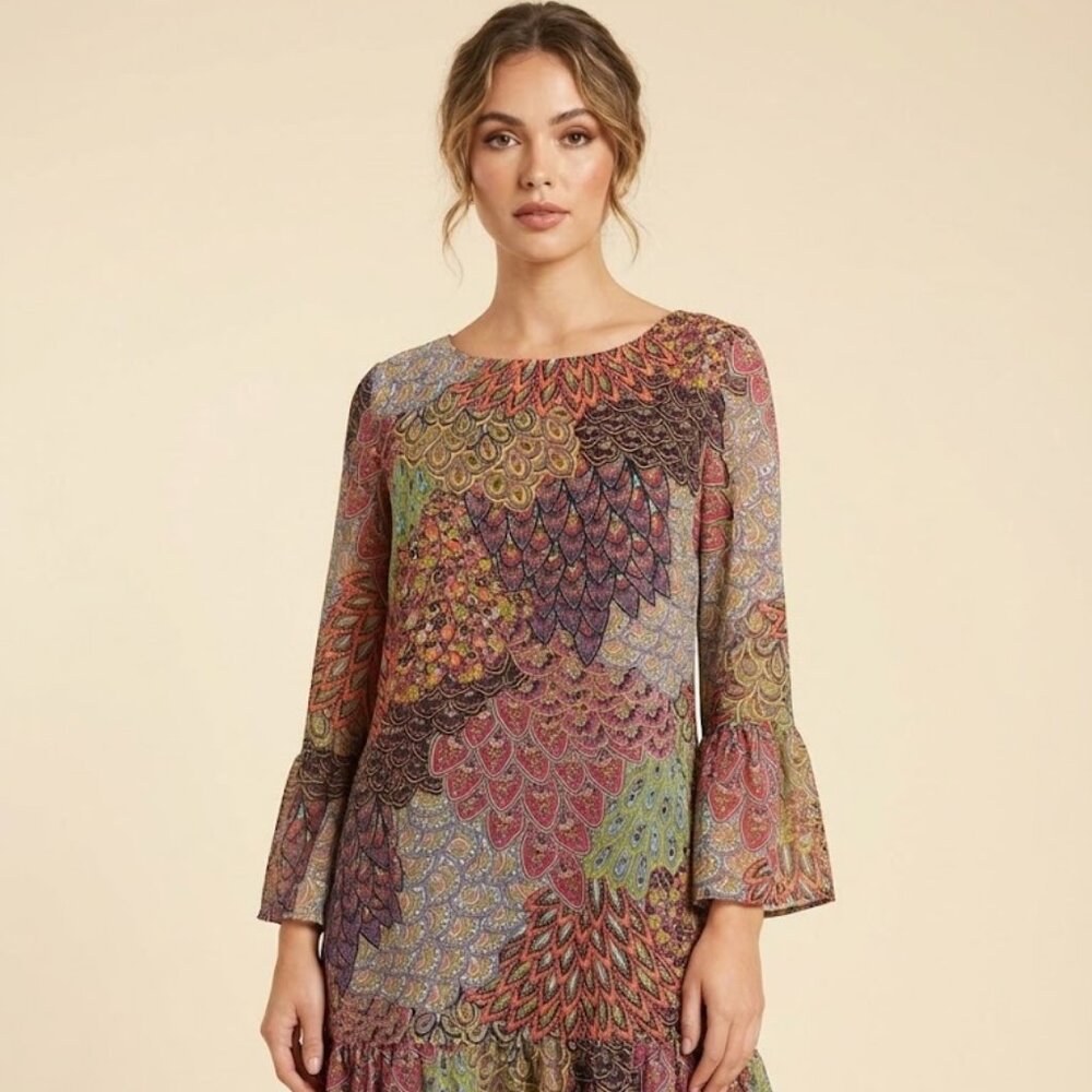 PRELUDE Colorful Print Bell Sleeve Shift Ruffle Trim Dress With Slip Size 10